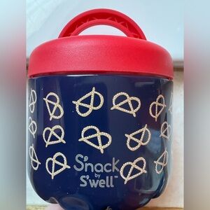S'well Navy Snack Container with Red Lid and Pretzel Pattern